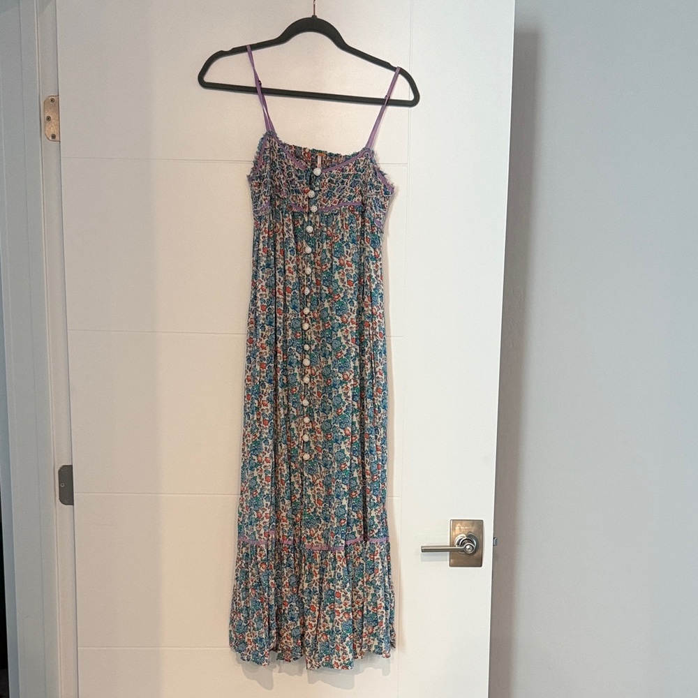 Free People Blue Floral Midi Dress with Purple Straps